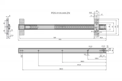 Шариковая направляющая h.35, L=610мм для поворотно-сдвижных фасадов, отделка цинк