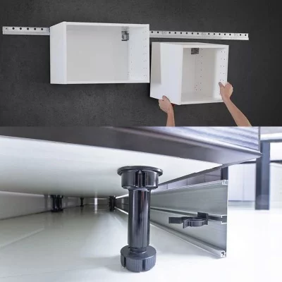 Комплект №5: Набор для кухонных шкафов из ножек с клипсами и навесов с рейкой