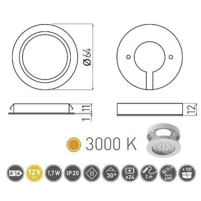 GTV: Светильник LED врезной с кольцом Vasco, 12V DC, 24 SMD3528, 200см провод с miniAMP (2 метиза, скоч 3M) алюминий, теплый белый LD-VA24CB-53