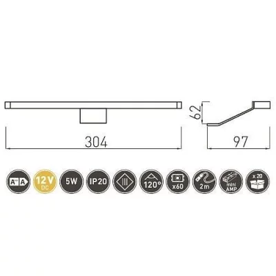 GTV: Светильник типа Дуга LED MAXIMUS, 5W, 12V, IP20, холодный белый, хром LD-MAX60ZB-40N