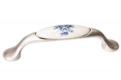 Ручка-скоба 96мм, отделка серебро старое + керамика