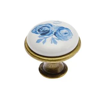Мебельная фарфоровая ручка-кнопка , старое золото/синяя роза GTV GP-0728-J4-A-04