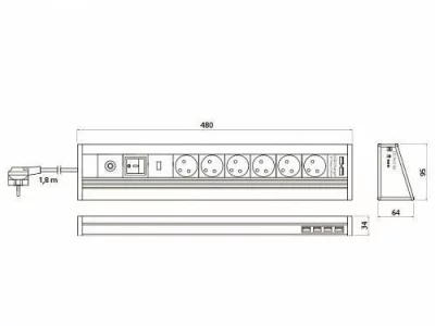 GTV: Удлинитель настольный MULTI, 6 розеток SCHUKO, 4хUSB-порт, 2 зарядка USB 5V 2A, трансформатор AE-PBMUL6S6U-53