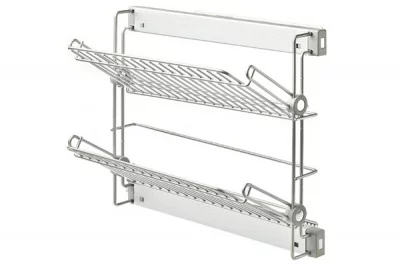 Выдвижная полка для обуви, двухуровневая правая, с направляющими полного выдвижения с доводчиком, отделка алюминий + серая