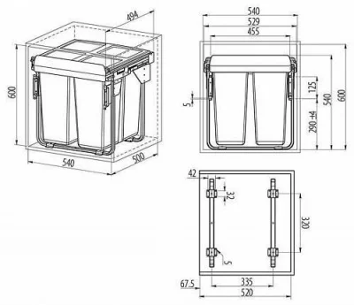 GTV: Сегрегатор для модуля 600мм (34L+2x17L) антрацит, с креплением фасада с доводчиком (в540мм, ш529мм,: PB-45-MF342x17-60A