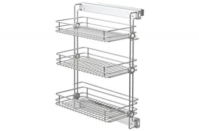Выдвижная полка для белья трёхуровневая правая, с направляющими полного выдвижения с доводчиком, отделка алюминий + серая