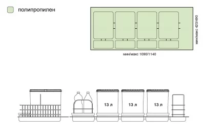 Набор емкостей в базу 1200 для бытовой химии и раздельного сбора мусора