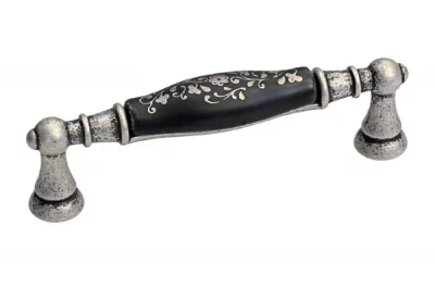 Ручка-скоба 96мм, отделка серебро старое + керамика черная