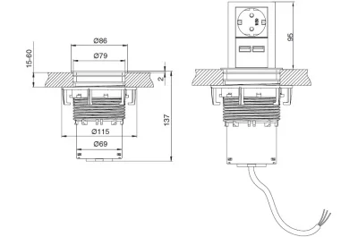 Встраиваемый блок ELEVATOR (1 розетка Schuko 250 В, 2 USB (5,2 В/2150 мA), отделка сталь нержавеющая/чёрная
