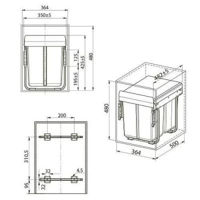 GTV: Сегрегатор для модуля 400 мм (2x20L) антрацит, без крепления фасада, с доводчиком: PB-45-002x20-60A