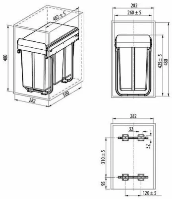 GTV: Сегрегатор для модуля 300мм (3x10L) антрацит без крепления фасада, с доводчиком: PB-45-0010X3-60A