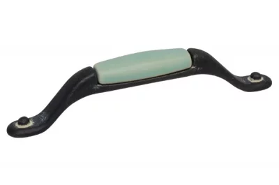 Ручка-скоба 128мм, отделка железо чернёное c декапе + керамика зеленая (2 винта М4х22.5 + 2 винта М4х25)