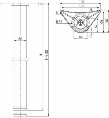 GTV: Опора 60х710 GTV с верхним креплением на болт, черная NM-A60710-20