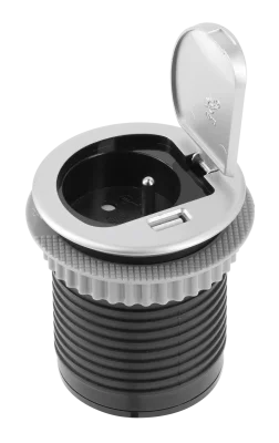 GTV: УДЛИНИТЕЛЬ ДЛЯ ОФИСА CHARGER MINI 60mm, 1x розетка с заземлением, 1xUSB 2,4A, кабель 1,9m, алюминий: AE-BPW1U1UCH-53