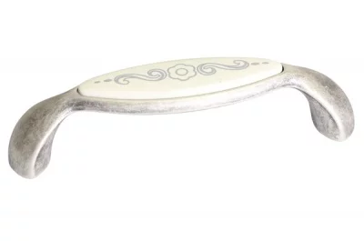 Ручка-скоба 96мм, отделка серебро античное + вставка