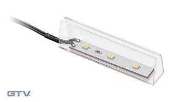 GTV: Клипса пластиковая осветительная к стеклянным полкам 8мм, DC 12V, 3 SMD LED, 0,25W, 2м провод, теплый белый LD-KLPCB-00N