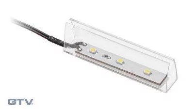 GTV: Клипса пластиковая осветительная к стеклянным полкам 8мм, DC 12V, 3 SMD LED, 0,25W, 2м провод, теплый белый LD-KLPCB-00N
