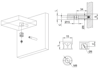 Бочонок стяжки конической d.15mm, h.13mm, M8 для 16 мм ДСП (за 100 штук), отделка цинк
