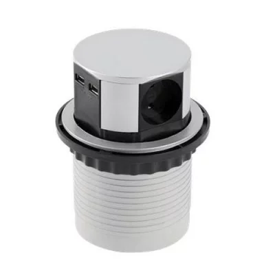 GTV: Удлинитель круглый врезной 3 розетки COMFORT (Schucko) 2xUSB 2,4A, провод 1,5м, алюминий: AE-BPW3S100U-53