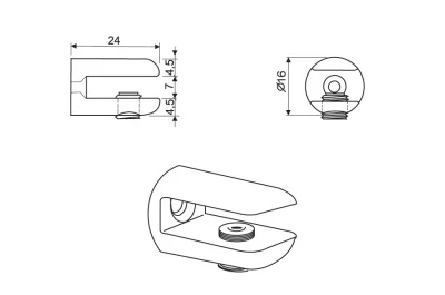 Полкодержатель П-образный для стекла 3-6мм, отделка хром глянец (БЕЗ УПЛОТНИТЕЛЯ)