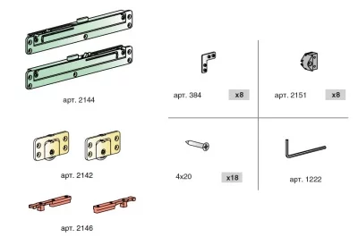 Комплект фурнитуры для 1 фасада до 40 кг (алюминиевый/вкладной) с доводчиками