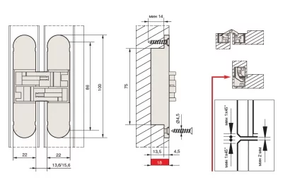 Петля скрытая для дверей и фасадов толщиной от 30мм, отделка никель