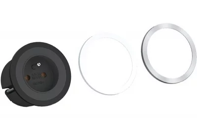 Встраиваемый блок PIX (1 розетка Schuko 250В), отделка чёрная + декоративные кольца (белое и сталь нержавеющая)