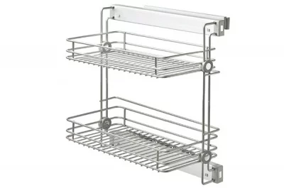 Выдвижная полка для белья, двухуровневая правая, с направляющими полного выдвижения с доводчиком, отделка алюминий + серая