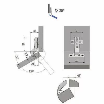 GTV: Петля GTV 30° + Планка Н=2 без евро шурупа ZP-KT30H2-BE