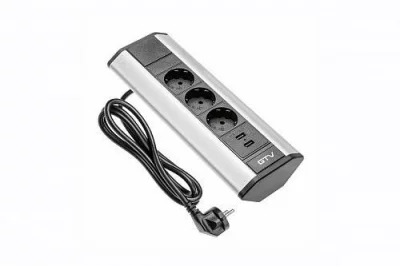 GTV: Розетка угловая GTV, 3x расширения рабочего стола розетка schuko, 2xUSB 2.1A 5V, Алюминиум AE-PBKT3S2U-80