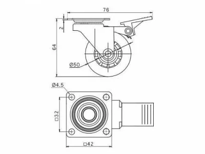 GTV: Колесо поворотное D-50мм черное со стопором на площадке Brazylia, нагрузка 40кг: KM-RD-50-CF-20