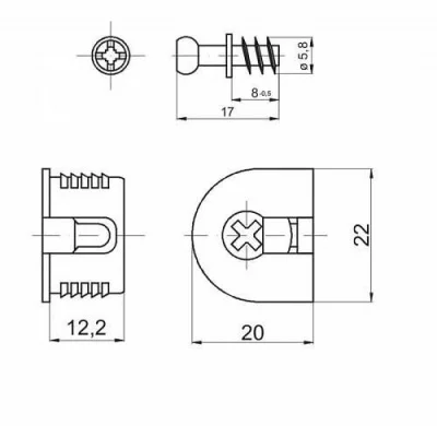 GTV: Эксцентриковая стяжка для полок 16мм + ДЮБЕЛЬ ВВИНЧИВ. 8мм полку можно установить только сверху, пластмасса, черная MM-FI20X6X7-PL20