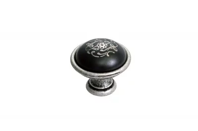 Ручка-кнопка, отделка серебро старое + керамика черная