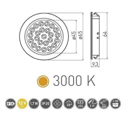 GTV: Светильник LED врезной Alvaro, 12V DC, 1.7W, 24 SMD3528, 200см провод с miniAMP (2 метиза, скоч 3M), теплый белый LD-AL24CB-53