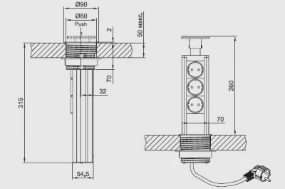 Встраиваемый блок Move (3 розетки 220В), отделка под алюминий/чёрная