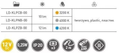 GTV: Клипса пластиковая осветительная к стеклянным полкам 8мм, DC 12V, 3 SMD LED, 0,25W, 2м провод, теплый белый LD-KLPCB-00N