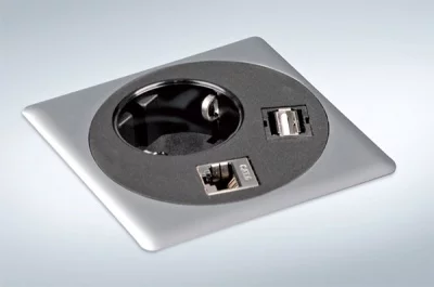 Встраиваемый блок Point (1 розетка 220В, 1xUSB, 1xRJ45), отделка сталь нержавеющая/чёрная