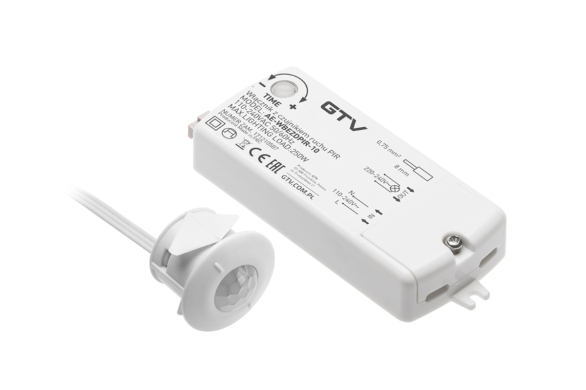 GTV: Бесконтактный включатель  PIR 230V, макс. 250 Вт, кабель 2 м, белый AE-WBEZDPIR-10