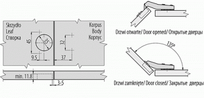 Петля GTV ZM-НСKT 45 градусов угловая самозакрывающаяся с планкой с евро: ZM-HCKT45-ZE-S